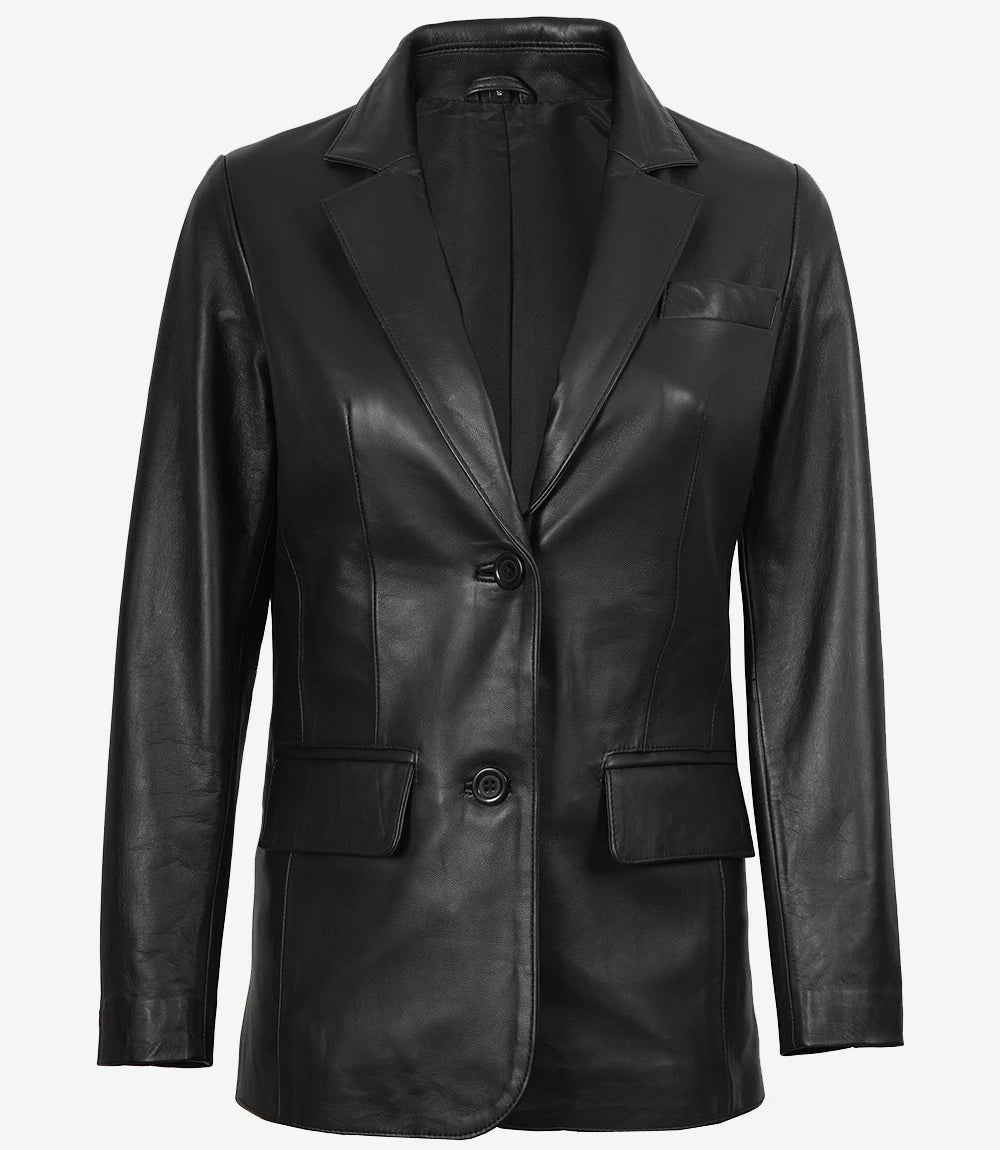 Womens Notch Lapel Black Leather Blazer Jacket