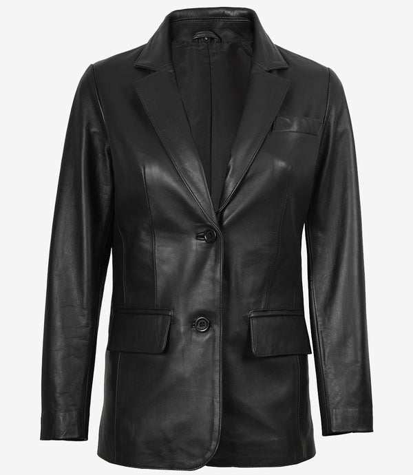 Womens Notch Lapel Black Leather Blazer Jacket