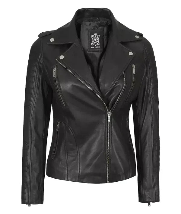 Womens Black Leather Biker Style Jacket With Removable Hood