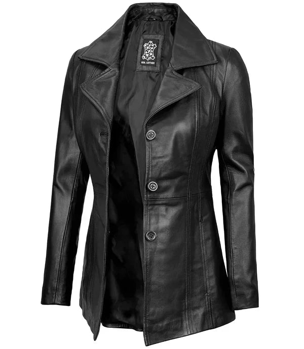Womens Black Leather Blazer with Three Button