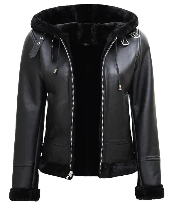 Womens Black Leather Hooded Shearling Jacket