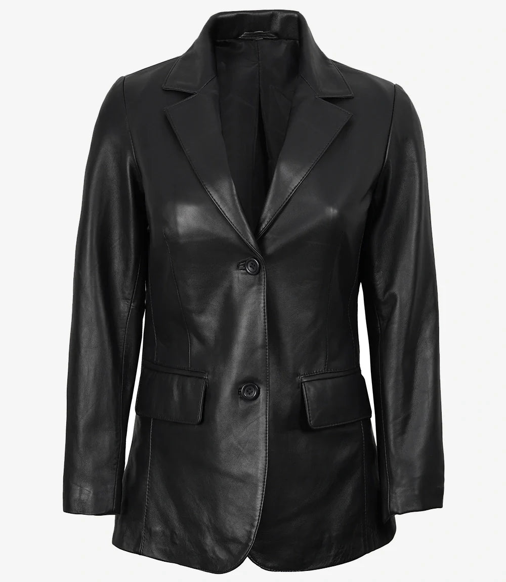 Shannon Women's Two Button Black Leather Blazer
