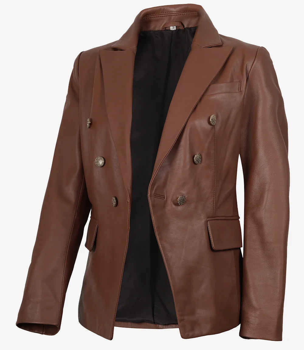 Womens Kim Double Breasted Cognac Leather Blazer