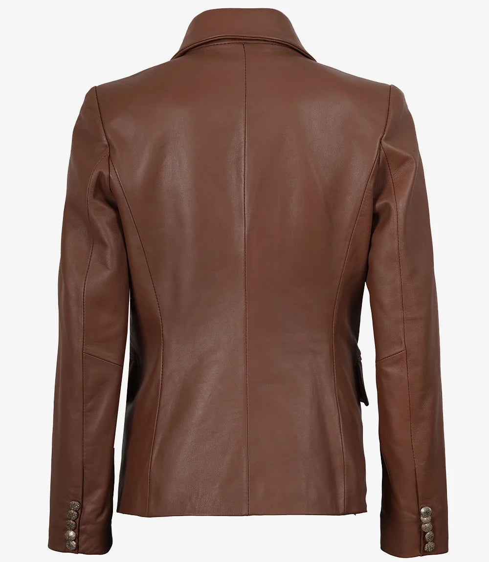Womens Kim Double Breasted Cognac Leather Blazer