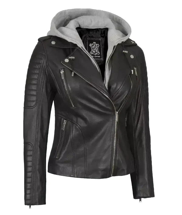 Womens Black Leather Biker Style Jacket With Removable Hood