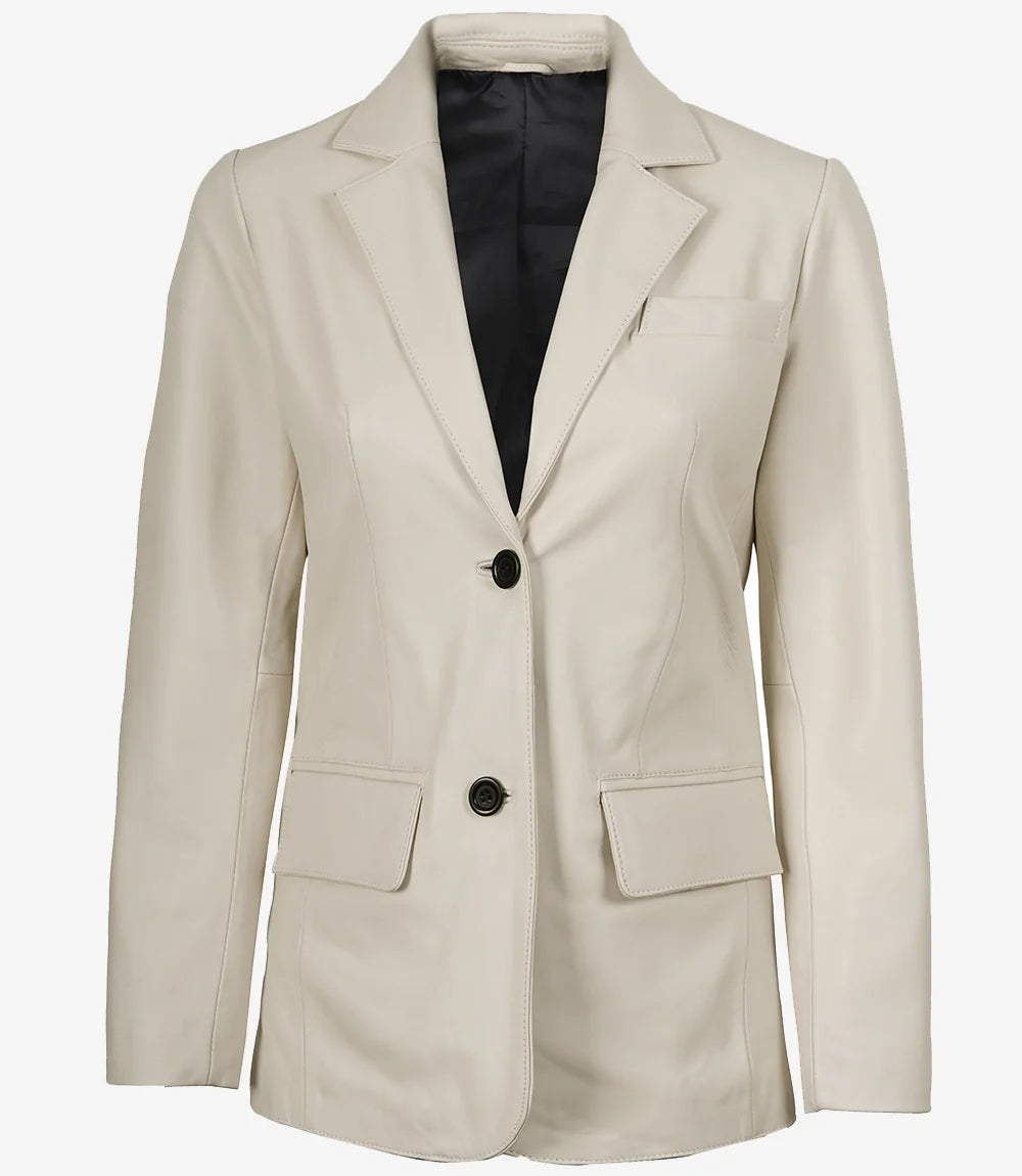 Womens Two Button Off White Leather Blazer