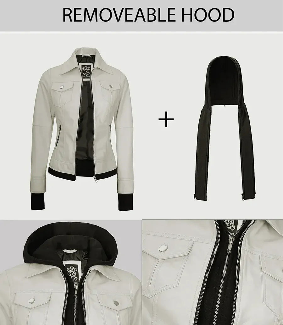 Womens Off White Biker Style Leather Jacket with Hood