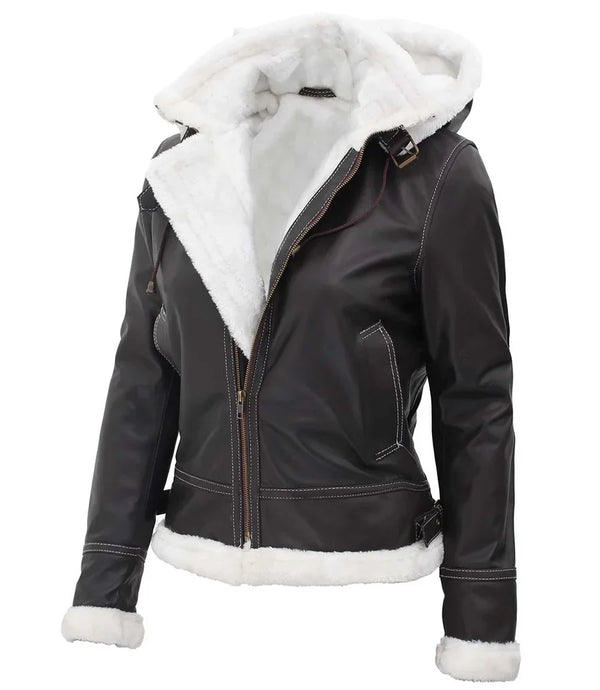 Womens Shearling  Leather Jacket with Removable Hood