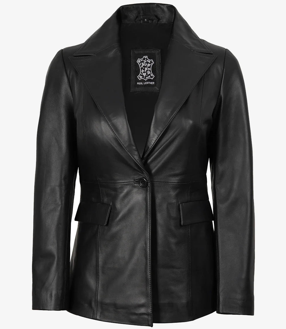 Womens Single Button Black Leather Blazer - Peak Lapel