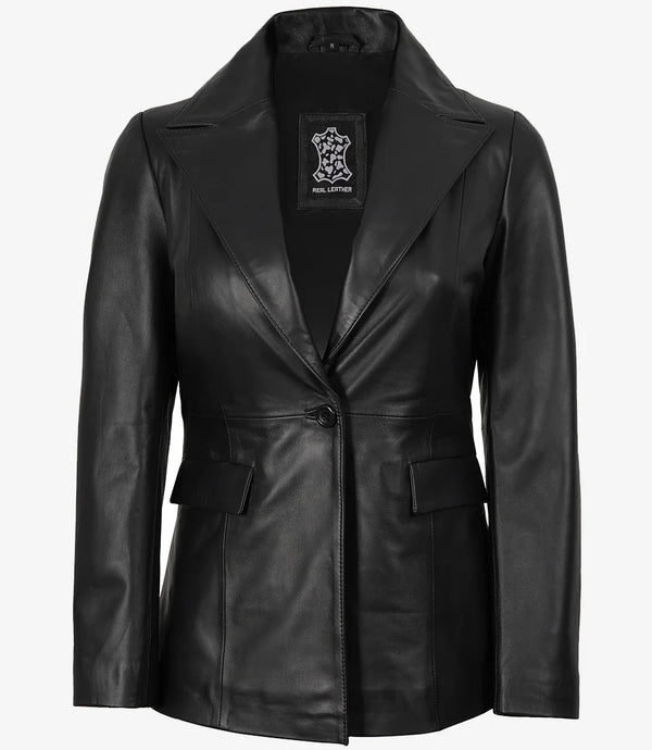Womens Single Button Black Leather Blazer - Peak Lapel