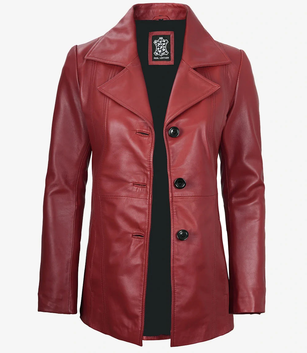 Womens Three Button Red Waxed Leather Blazer