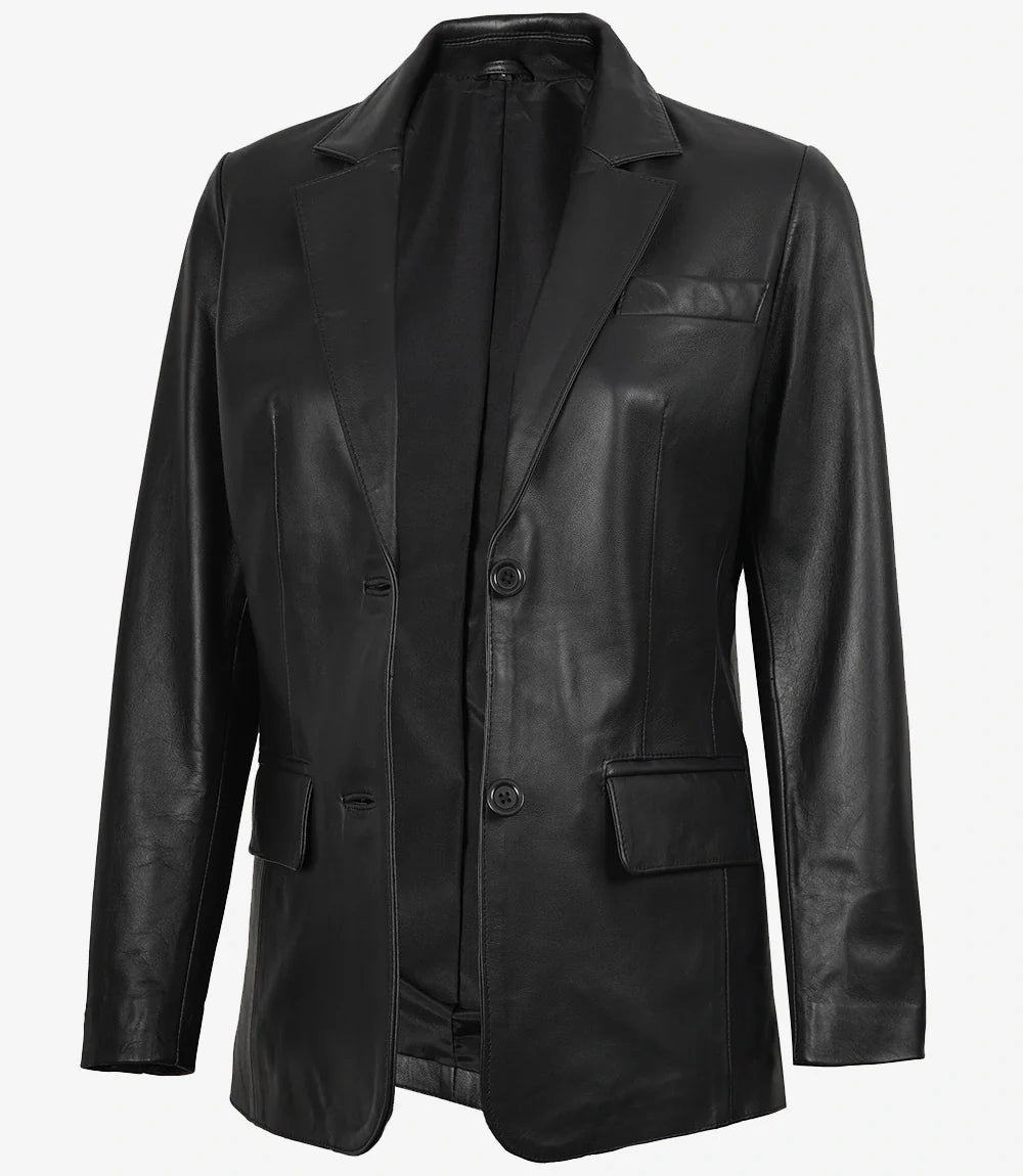 Womens Notch Lapel Black Leather Blazer Jacket