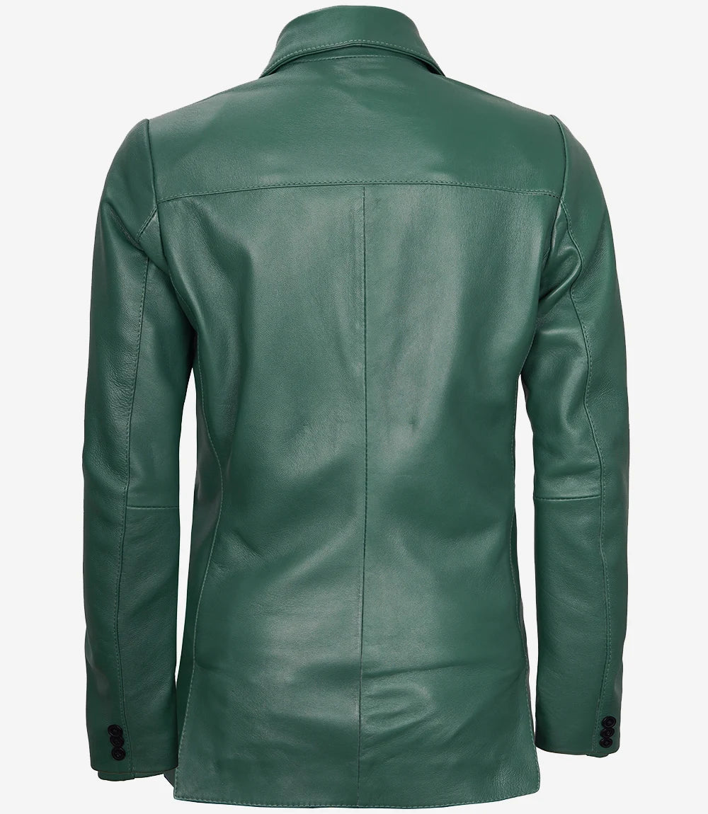 Womens Two Button Green  Premium  Leather Blazer