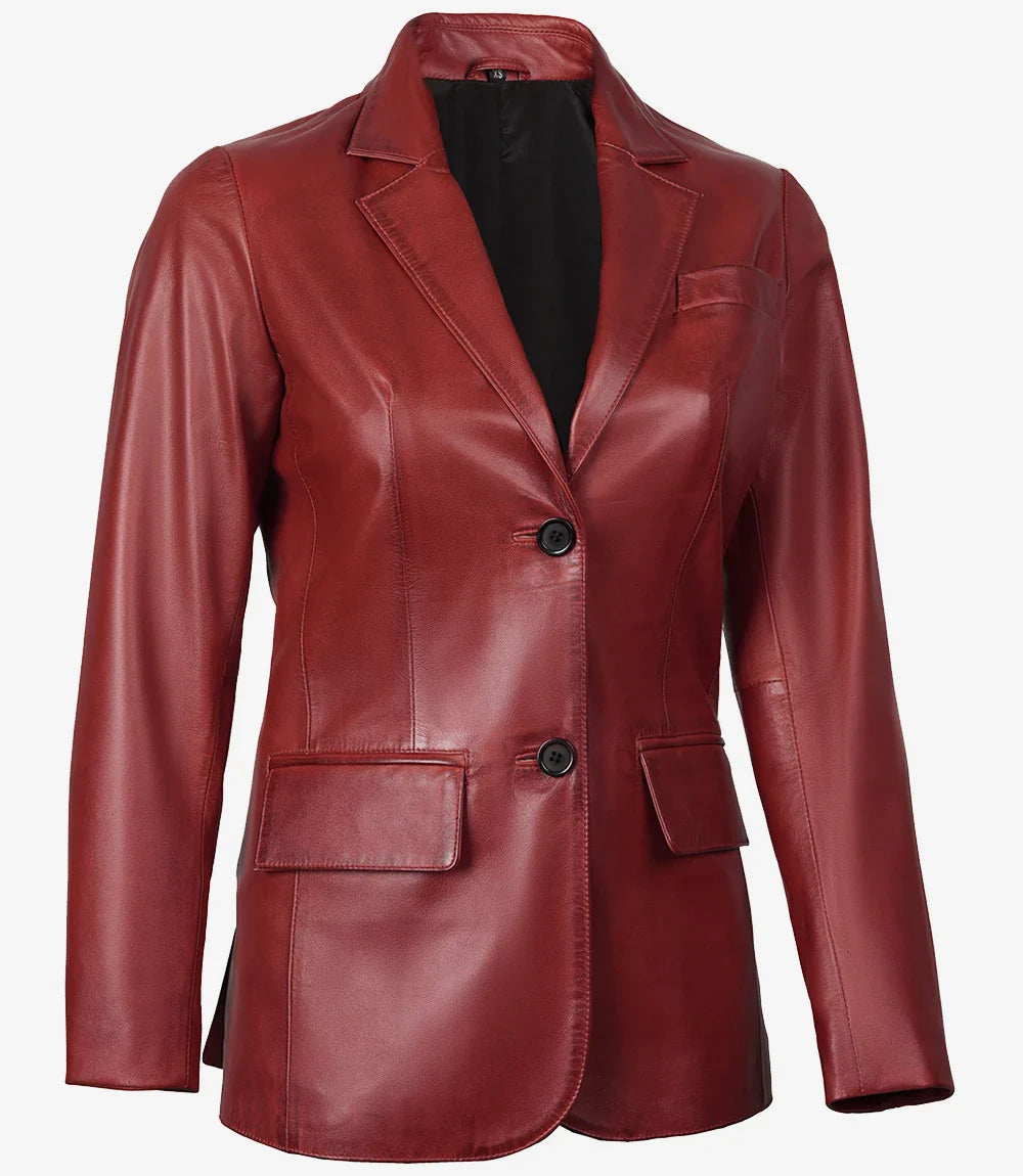 Womens Two Button Red Waxed Leather Blazer