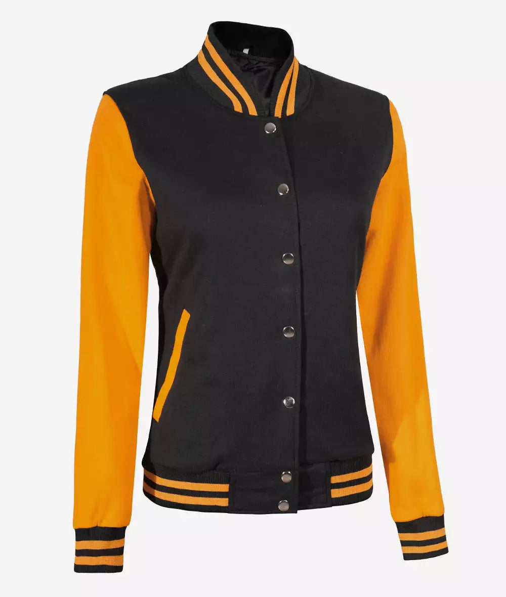 Women’s Black and Yellow  Jacket – Baseball Style Varsity Bomber