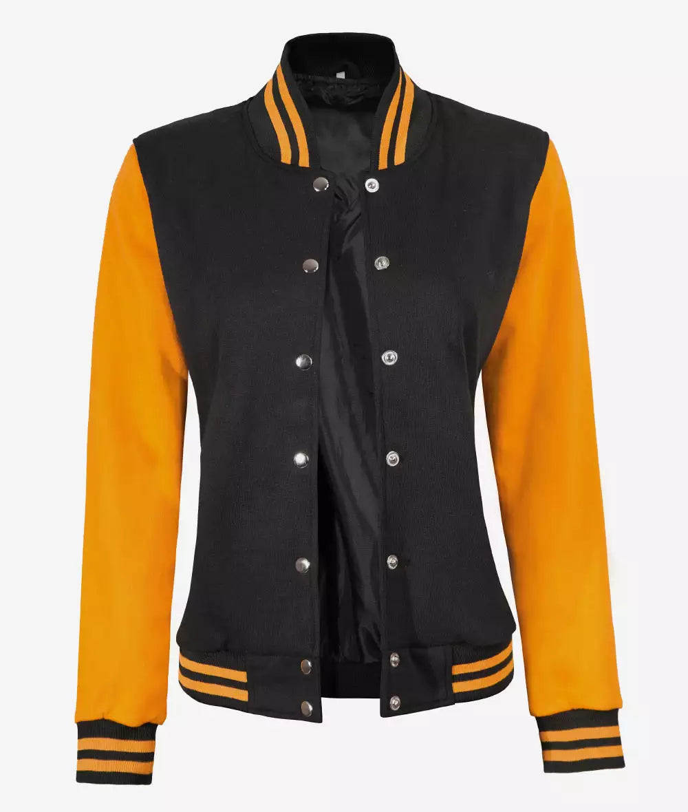 Women’s Black and Yellow  Jacket – Baseball Style Varsity Bomber